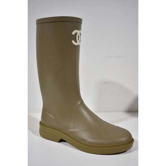 Chanel 22K Dark Beige Caoutchouc White CC Logo High Pull On Rubber Rain Boots 40 - Picture 4 of 12